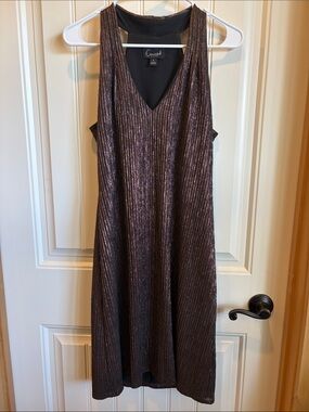 connected apparel Shimmery Bronze V-Neck Midi Dress